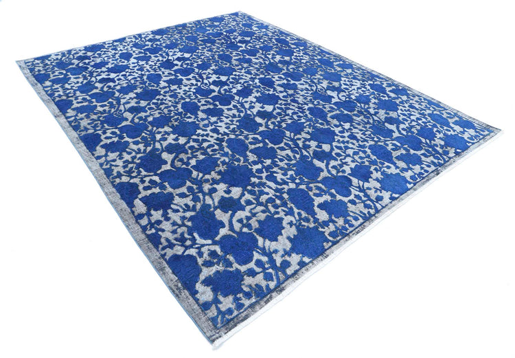 Transitional Hand Knotted Onyx Tabriz Wool Rug of Size 7'11'' X 9'8'' in Blue and Charcoal Colors - Made in Afghanistan