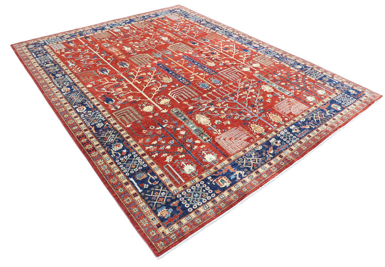 Traditional Hand Knotted Bakshaish Tabriz Wool Rug of Size 7'9'' X 9'8'' in Rust and Blue Colors - Made in Afghanistan