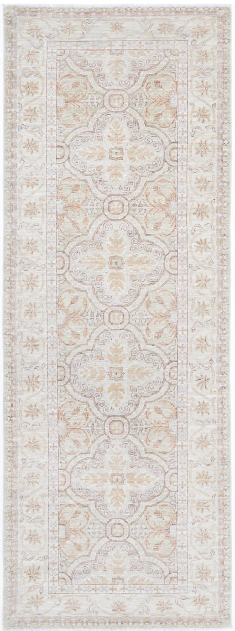 Traditional Hand Knotted Serenity Tabriz Wool Rug of Size 3'3'' X 9'2'' in Green and Ivory Colors - Made in Afghanistan
