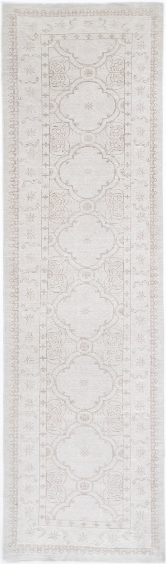 Traditional Hand Knotted Serenity Tabriz Wool Rug of Size 2'10'' X 10'10'' in Ivory and Taupe Colors - Made in Afghanistan