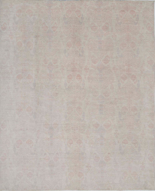 Transitional Hand Knotted Artemix Tabriz Wool Rug of Size 8'0'' X 9'9'' in Ivory and Taupe Colors - Made in Afghanistan