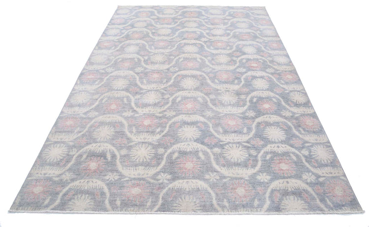 Transitional Hand Knotted Artemix Tabriz Wool Rug of Size 6'2'' X 9'2'' in Grey and Ivory Colors - Made in Afghanistan