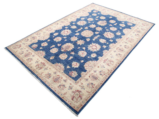 Traditional Hand Knotted Ziegler Tabriz Wool Rug of Size 5'5'' X 7'11'' in Blue and Ivory Colors - Made in Afghanistan