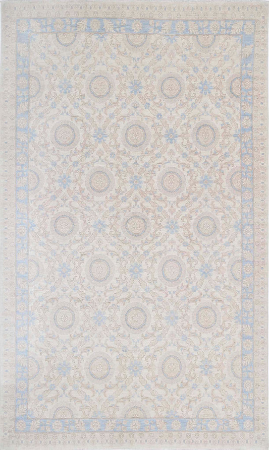 Traditional Hand Knotted Serenity Tabriz Wool Rug of Size 6'6'' X 11'0'' in Ivory and Blue Colors - Made in Afghanistan