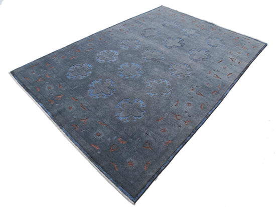 Transitional Hand Knotted Onyx Tabriz Wool Rug of Size 6'1'' X 8'11'' in Grey and Blue Colors - Made in Afghanistan