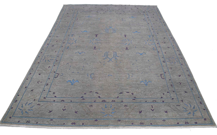 Transitional Hand Knotted Onyx Tabriz Wool Rug of Size 6'4'' X 8'9'' in Grey and Blue Colors - Made in Afghanistan