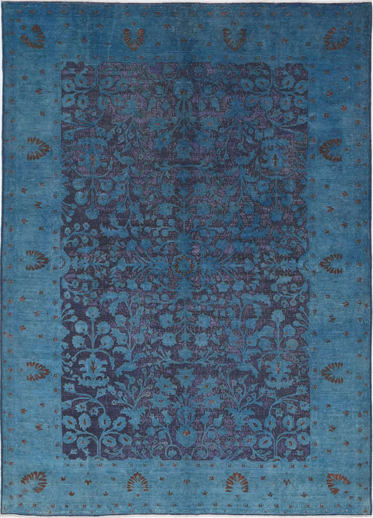 Transitional Hand Knotted Onyx Tabriz Wool Rug of Size 6'11'' X 9'8'' in Blue and Purple Colors - Made in Afghanistan