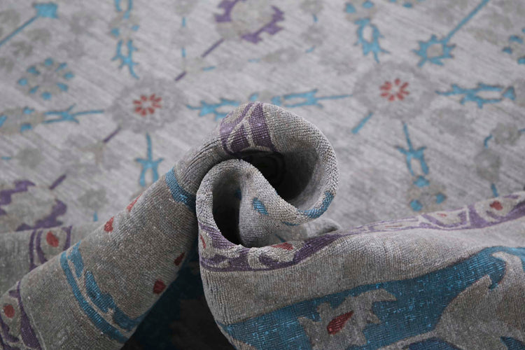Transitional Hand Knotted Onyx Tabriz Wool Rug of Size 11'11'' X 14'10'' in Grey and Blue Colors - Made in Afghanistan