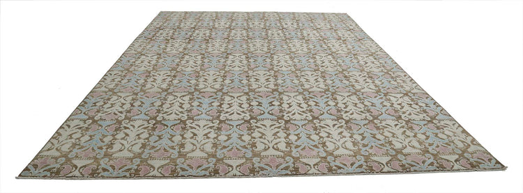 Transitional Hand Knotted Artemix Tabriz Wool Rug of Size 9'9'' X 13'6'' in Brown and Ivory Colors - Made in Afghanistan