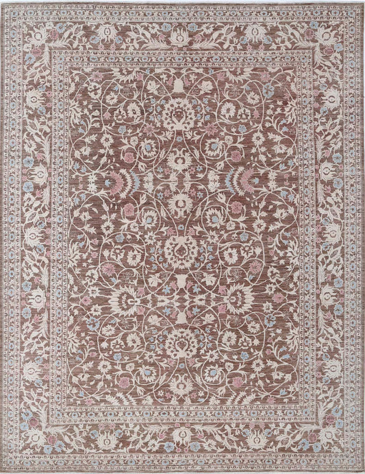 Traditional Hand Knotted Ziegler Tabriz Wool Rug of Size 9'1'' X 11'9'' in Brown and Brown Colors - Made in Afghanistan