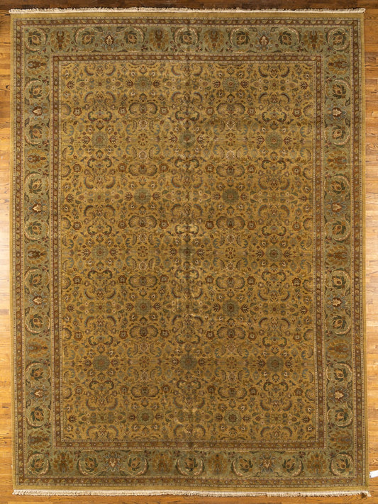 Oversize WOOL RUG, KASHAN, GOLD / GREEN (Rectangle) Origin: INDIA , Hand,knotted