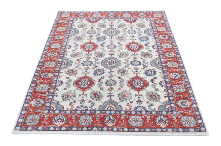 Hand Knotted Ziegler Wool Rug - 4' 2" X 5' 9" 4' 2" X 5' 9" (127 X 175) / Ivory / Wool