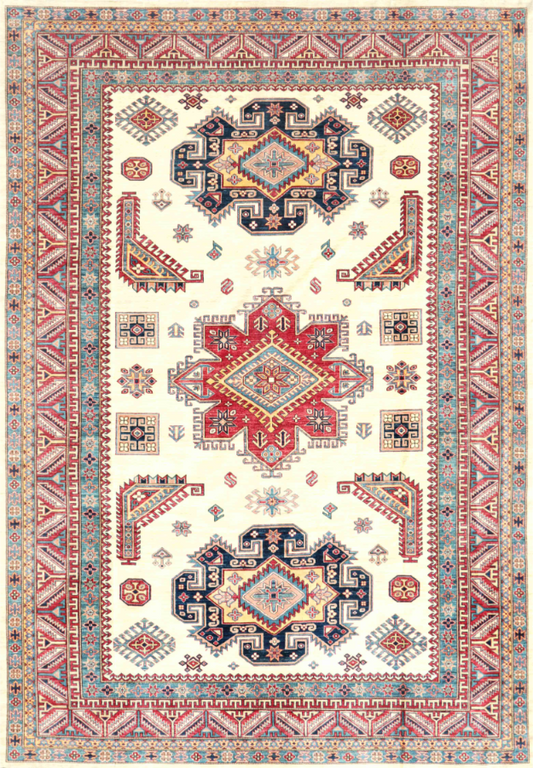 Hand Knotted Kazak Wool Rug - 10' 1" X 14' 2" 10' 1" X 14' 2" (307 X 432) / Ivory / Wool