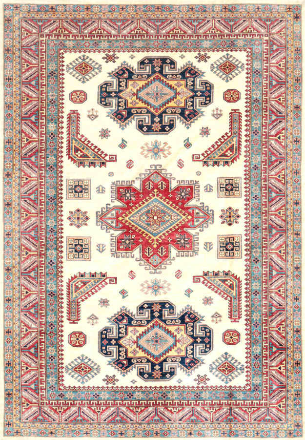 Hand Knotted Kazak Wool Rug - 10' 1" X 14' 2" 10' 1" X 14' 2" (307 X 432) / Ivory / Wool