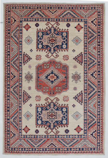 Hand Knotted Kazak Wool Rug - 4' 11" X 7' 3" 4' 11" X 7' 3" (150 X 221) / Ivory / Wool