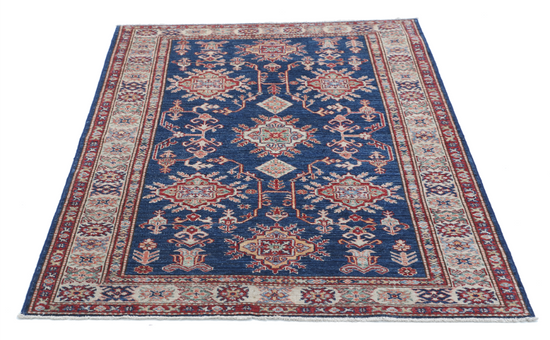 Hand Knotted Kazak Wool Rug - 4' 0" X 5' 5" 4' 0" X 5' 5" (122 X 165) / Blue / Wool