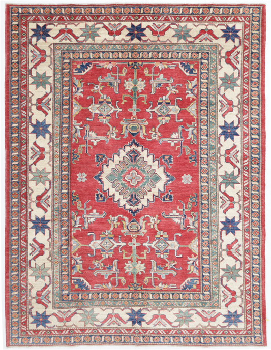 Hand Knotted Kazak Wool Rug - 6' 8" X 8' 8" 6' 8" X 8' 8" (203 X 264) / Red / Wool