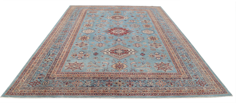 Hand Knotted Kazak Wool Rug - 8' 9" X 12' 3" 8' 9" X 12' 3" (267 X 373) / Blue / Wool