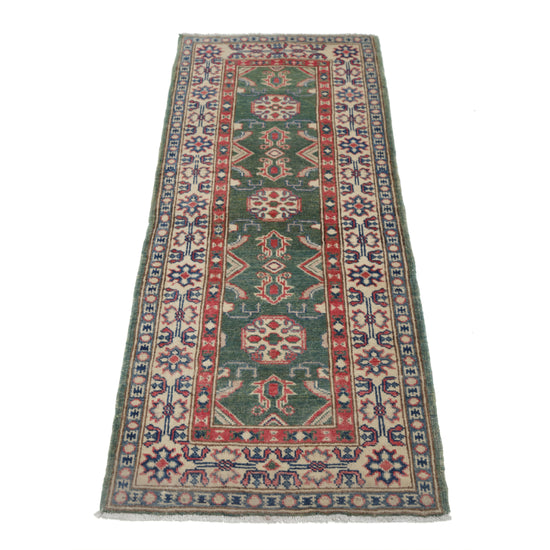 Hand Knotted Kazak Wool Rug - 2' 1" X 5' 8" 2' 1" X 5' 8" (63 X 173) / Green / Wool