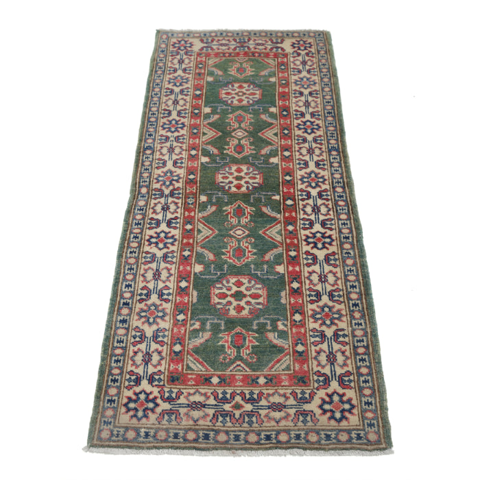 Hand Knotted Kazak Wool Rug - 2' 1" X 5' 8" 2' 1" X 5' 8" (63 X 173) / Green / Wool