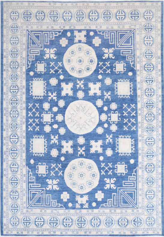 Hand Knotted Khotan Wool Rug - 9' 8" X 13' 10" 9' 8" X 13' 10" (295 X 422) / Blue / Wool