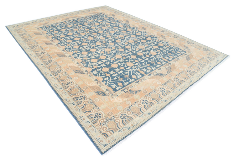 Hand Knotted Khotan Wool Rug - 9' 3" X 11' 10" 9' 3" X 11' 10" (282 X 361) / Blue / Wool