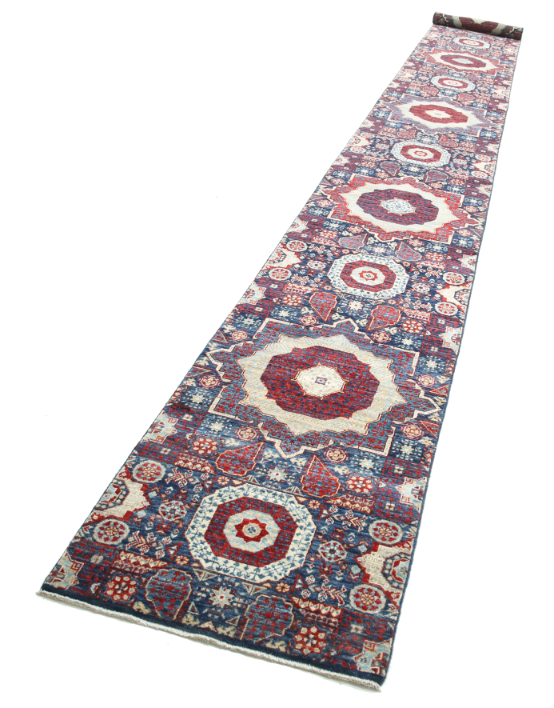 Hand Knotted Mamluk Wool Rug - 2' 5" X 22' 4" 2' 5" X 22' 4" (74 X 681) / Blue / Wool