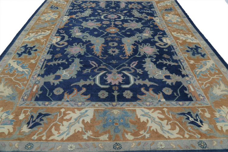 Hand Knotted Oushak Wool Rug - 9' 11" X 13' 3" 9' 11" X 13' 3" (302 X 404) / Blue / Wool