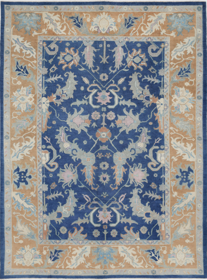 Hand Knotted Oushak Wool Rug - 9' 11" X 13' 3" 9' 11" X 13' 3" (302 X 404) / Blue / Wool