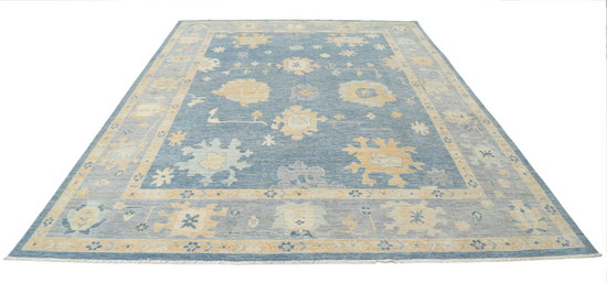 Hand Knotted Oushak Wool Rug - 8' 11" X 11' 9" 8' 11" X 11' 9" (272 X 358) / Blue / Wool