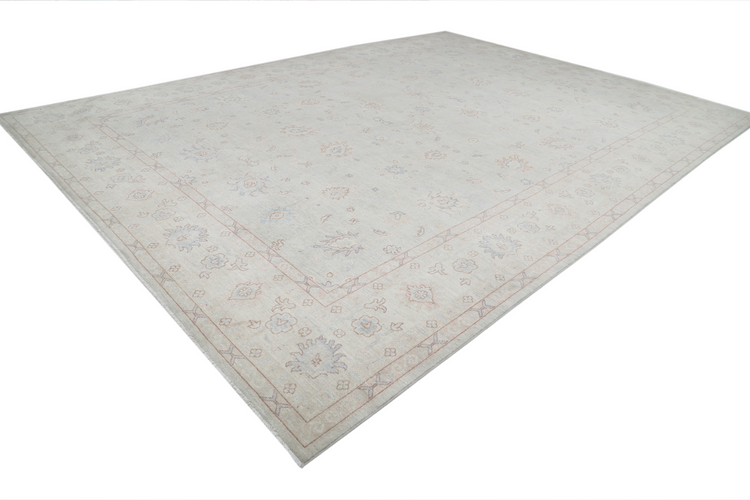 Hand Knotted Oushak Wool Rug - 12' 9" X 17' 7" 12' 9" X 17' 7" (389 X 536) / Grey / Wool