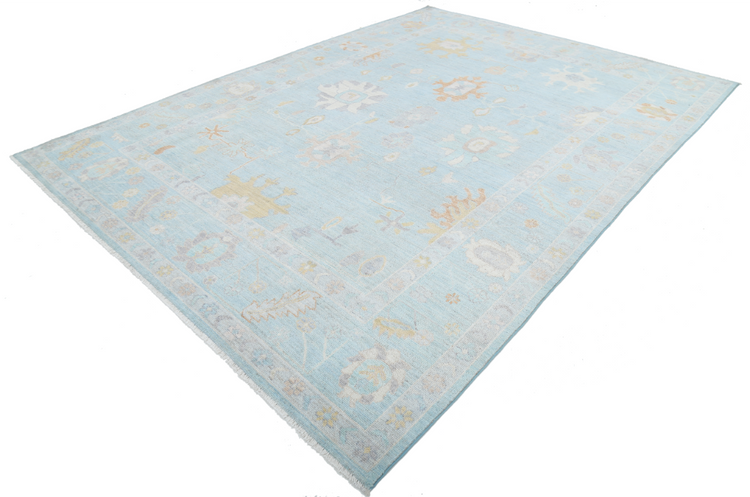 Hand Knotted Oushak Wool Rug - 8' 11" X 12' 3" 8' 11" X 12' 3" (272 X 373) / Blue / Wool