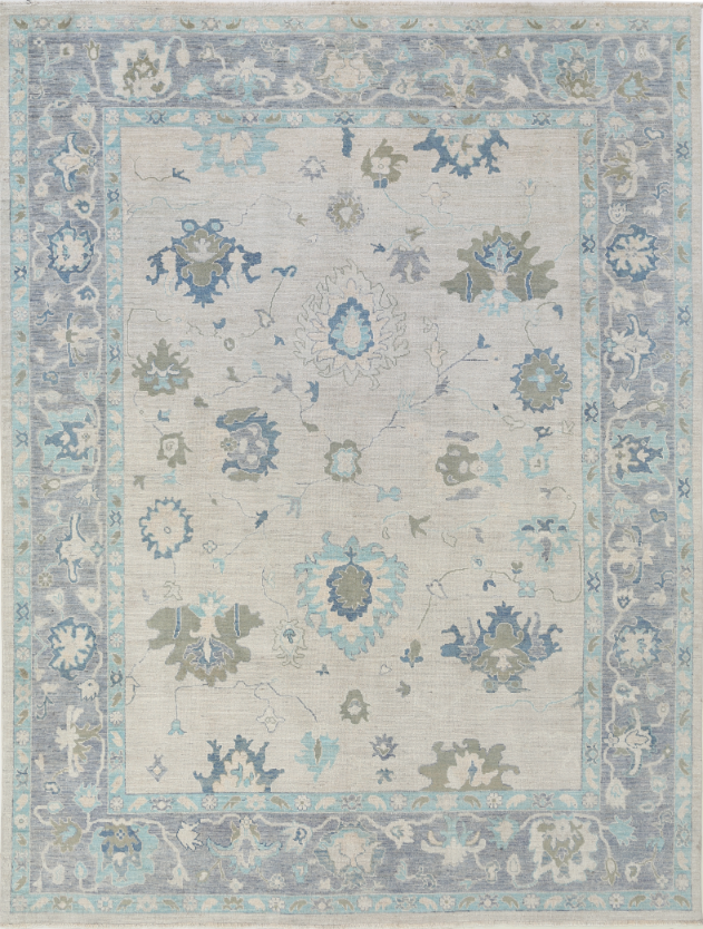 Hand Knotted Oushak Wool Rug - 9' 1" X 11' 9" 9' 1" X 11' 9" (277 X 358) / Silver / Wool