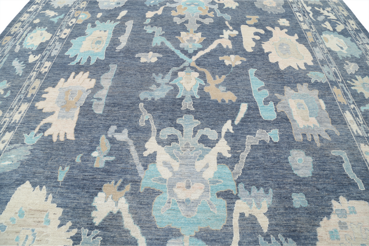 Hand Knotted Oushak Wool Rug - 11' 11" X 14' 10" 11' 11" X 14' 10" (363 X 452) / Blue / Wool