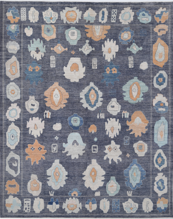 Hand Knotted Oushak Wool Rug - 12' 3" X 14' 11" 12' 3" X 14' 11" (373 X 455) / Charcoal / Wool