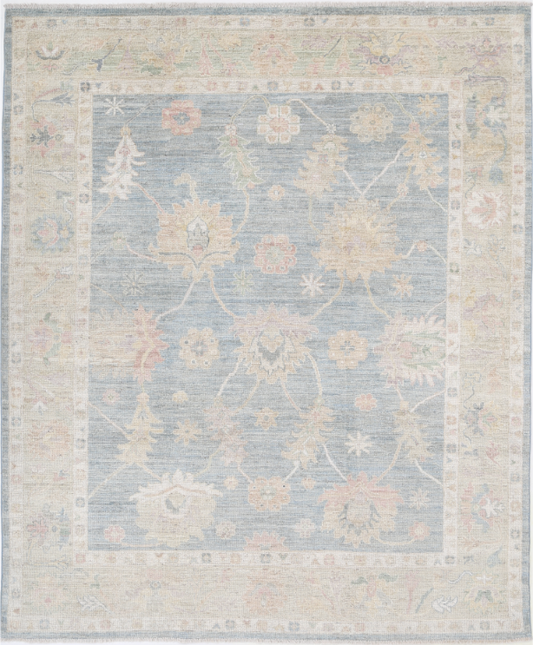 Hand Knotted Oushak Wool Rug - 6' 7" X 8' 1" 6' 7" X 8' 1" (201 X 246) / Blue / Wool