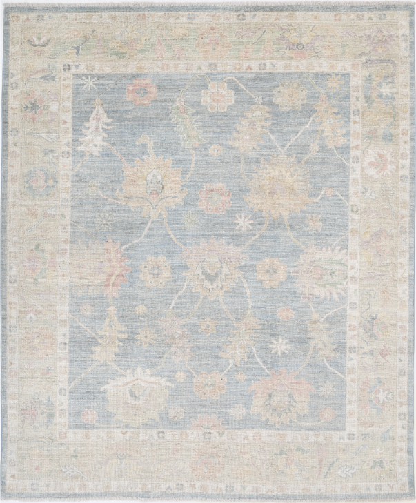 Hand Knotted Oushak Wool Rug - 6' 7" X 8' 1" 6' 7" X 8' 1" (201 X 246) / Blue / Wool