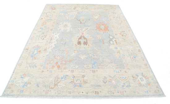 Hand Knotted Oushak Wool Rug - 6' 4" X 8' 2" 6' 4" X 8' 2" (193 X 249) / Blue / Wool