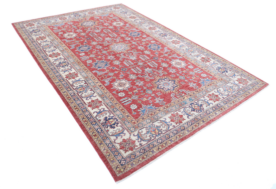 Hand Knotted Kazak Wool Rug - 6' 6" X 9' 8" 6' 6" X 9' 8" (198 X 295) / Red / Wool