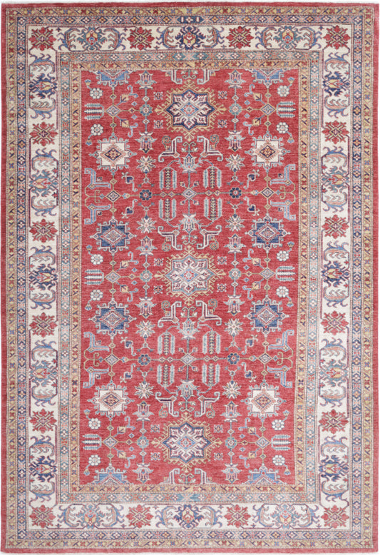 Hand Knotted Kazak Wool Rug - 6' 6" X 9' 8" 6' 6" X 9' 8" (198 X 295) / Red / Wool