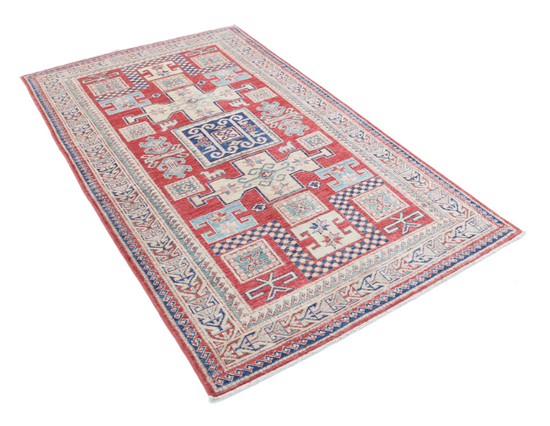 Hand Knotted Kazak Wool Rug - 4' 1" X 6' 7" 4' 1" X 6' 7" (124 X 201) / Red / Wool