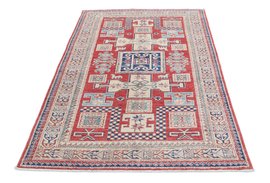 Hand Knotted Kazak Wool Rug - 4' 1" X 6' 7" 4' 1" X 6' 7" (124 X 201) / Red / Wool