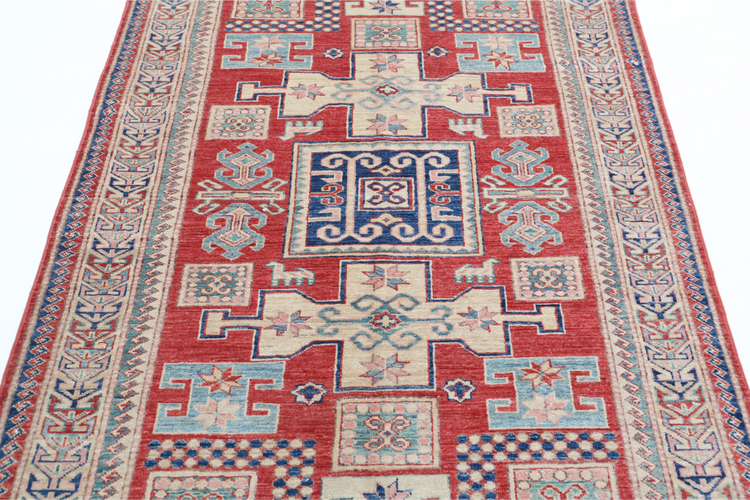 Hand Knotted Kazak Wool Rug - 4' 1" X 6' 7" 4' 1" X 6' 7" (124 X 201) / Red / Wool