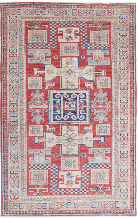 Hand Knotted Kazak Wool Rug - 4' 1" X 6' 7" 4' 1" X 6' 7" (124 X 201) / Red / Wool