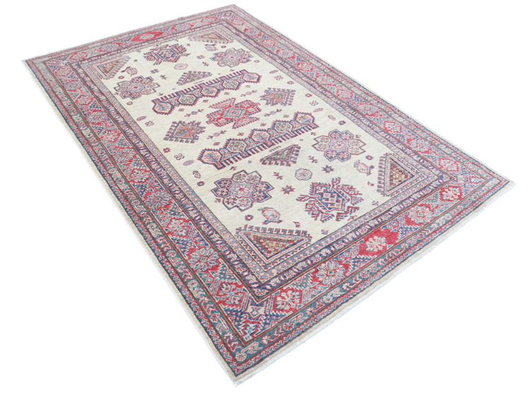 Hand Knotted Kazak Wool Rug - 4' 10" X 7' 3" 4' 10" X 7' 3" (147 X 221) / Ivory / Wool