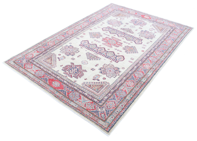 Hand Knotted Kazak Wool Rug - 4' 10" X 7' 3" 4' 10" X 7' 3" (147 X 221) / Ivory / Wool