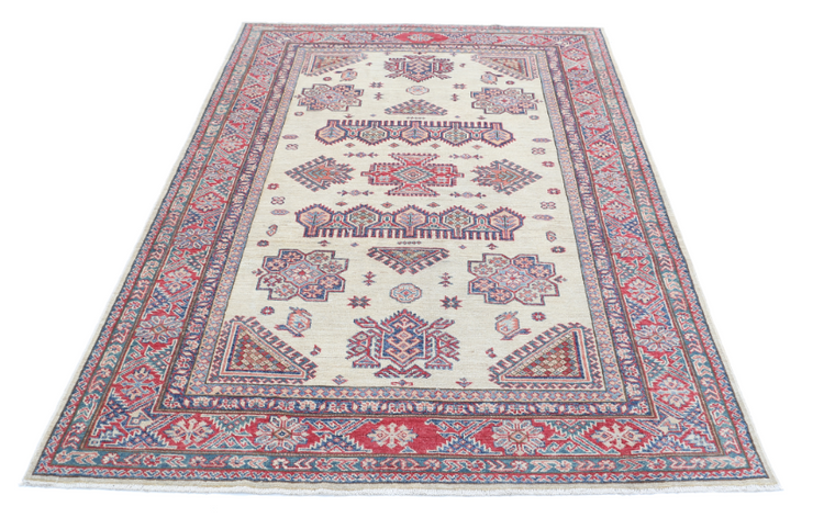 Hand Knotted Kazak Wool Rug - 4' 10" X 7' 3" 4' 10" X 7' 3" (147 X 221) / Ivory / Wool