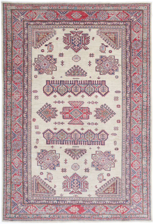 Hand Knotted Kazak Wool Rug - 4' 10" X 7' 3" 4' 10" X 7' 3" (147 X 221) / Ivory / Wool