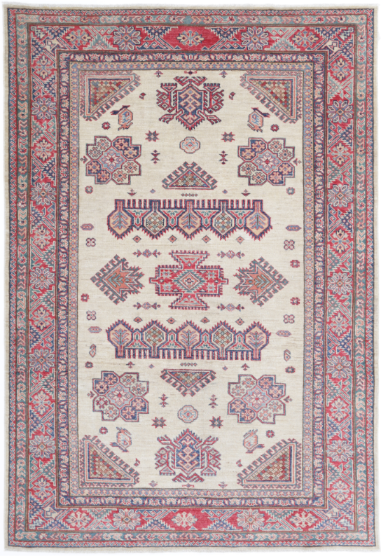 Hand Knotted Kazak Wool Rug - 4' 10" X 7' 3" 4' 10" X 7' 3" (147 X 221) / Ivory / Wool