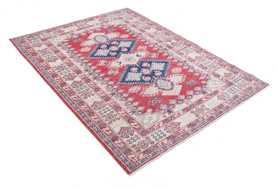 Hand Knotted Kazak Wool Rug - 5' 0" X 6' 7" 5' 0" X 6' 7" (152 X 201) / Red / Wool